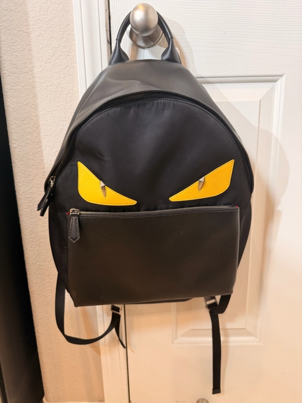 Fendi Monster Black Leather Backpack with Yellow Eyes